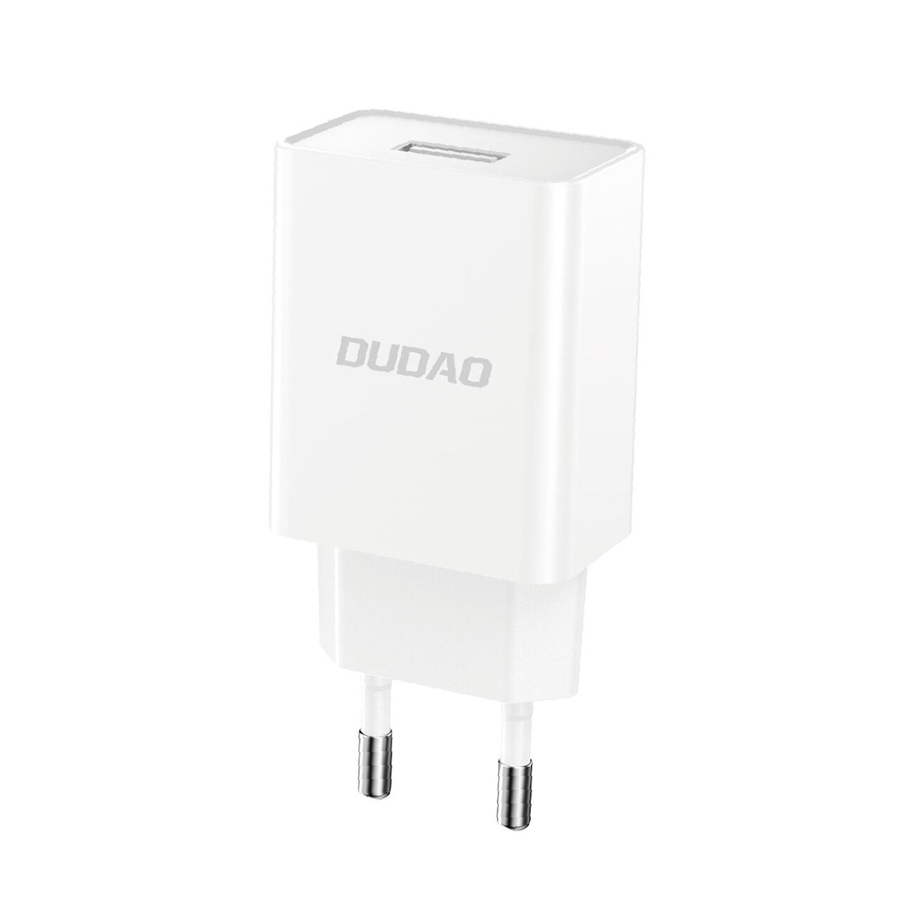 Biała ładowarka sieciowa z logo \'DUDAO\' na obudowie, wyposażona w wtyczkę USB-A i dwa metalowe bolce do gniazdka elektrycznego.