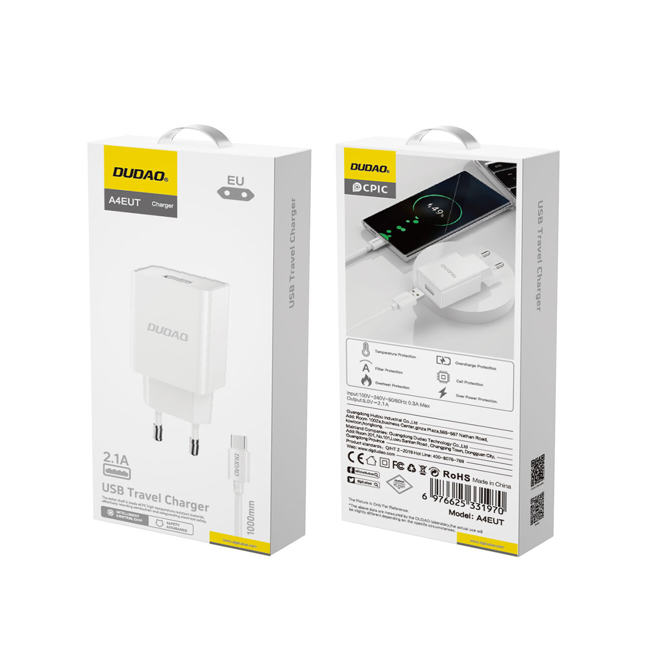 Opakowanie ładowarki sieciowej Dudao A4Eu USB-A 2.1A z kablem USB-A - USB-C, przedstawione z przodu i z tyłu. Na opakowaniu widoczne są informacje o produkcie, takie jak logo Dudao, model A4EUT, oraz specyfikacje techniczne.