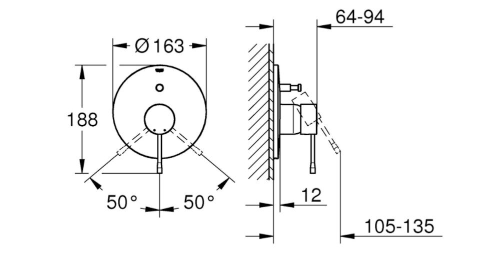 BATERIA WANNOWA PODTYNKOWA GROHE ESSENCE Na rysunku technicznym pokazano wymiary i sposób montażu elementów baterii podtynkowej. Widoczne są kąty obrotu uchwytu oraz głębokość instalacji w ścianie metalowa rozeta regulacja 6° metalowa dźwignia automatyczny przełącznik wanna prysznic przepływ 27 l/min