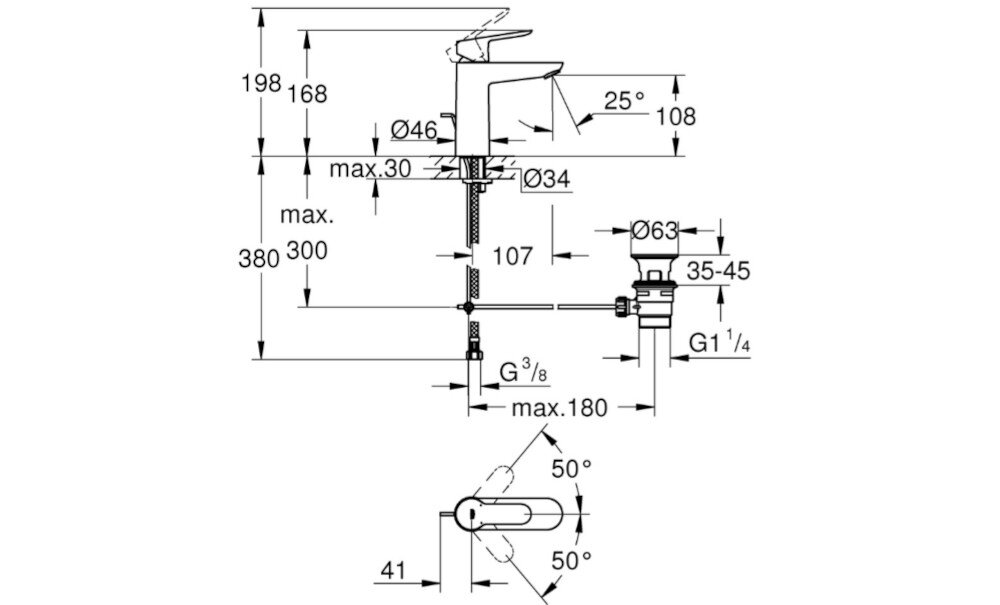 BATERIA UMYWALKOWA GROHE BAUEDGE ROZMIAR M 23758000 CHROM Grafika przedstawia szczegółowy rysunek techniczny baterii umywalkowej z zaznaczonymi wymiarami montażowymi, wysokościami, średnicami przyłączy oraz kątami pracy uchwytu. Schemat ułatwia prawidłowy montaż produktu i planowanie instalacji hydraulicznej montaż jednootworowy metalowa dźwignia głowica ceramiczna 28 mm zasięg wylewki 107 mm przepływ 5 l/min