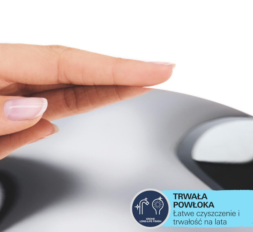 BATERIA WANNOWA PODTYNKOWA GROHE BauEdge Zdjęcie ukazuje dłoń lekko dotykającą gładkiej, połyskującej powierzchni armatury. Grafika informuje o trwałej powłoce, która ułatwia czyszczenie i zapewnia długotrwały połysk elegancki design okrągła rozeta cylindryczny przełącznik metalowa dźwignia chrom GROHE Longlife Finish trwała powłoka odporność na zarysowania łatwe czyszczenie