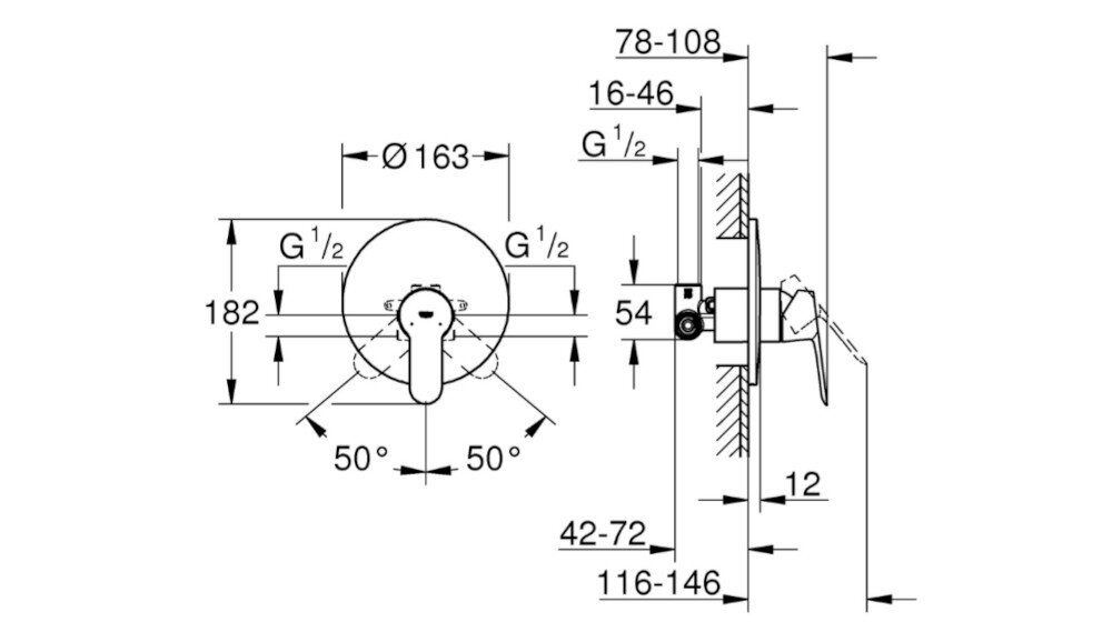 BATERIA WANNOWA PODTYNKOWA GROHE BauEdge Na rysunku technicznym pokazano wymiary i sposób montażu elementów baterii podtynkowej. Widoczne są kąty obrotu uchwytu oraz głębokość instalacji w ścianie metalowa rozeta regulacja 6° metalowa dźwignia automatyczny przełącznik wanna prysznic przepływ 27 l/min