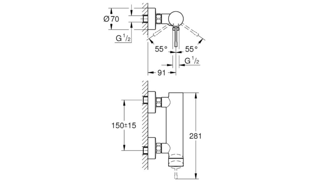BATERIA PRYSZNICOWA GROHE ESSENCE 33636001 CHROM Rysunek techniczny przedstawia dokładne wymiary baterii wraz z rozstawem przyłączy i kątami regulacji. Schemat ułatwia montaż oraz ocenę kompatybilności produktu z instalacją
