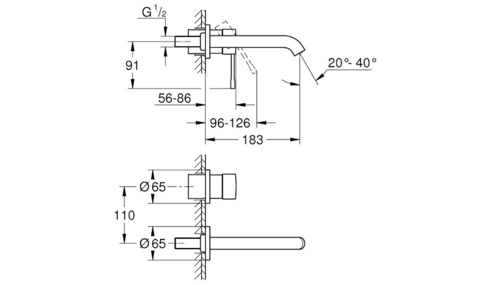 BATERIA WANNOWA PODTYNKOWA GROHE ESSENCE Rysunek techniczny prezentuje dokładne wymiary oraz głębokość montażową baterii ściennej. Zawiera oznaczenia kątów nachylenia wylewki oraz rozstaw elementów instalacyjnych bateria naścienna metalowa rozeta metalowa dźwignia perlator 5,7 l/min wysięg wylewki 183 mm rozstaw 110 mm ciśnienie 1 bar
