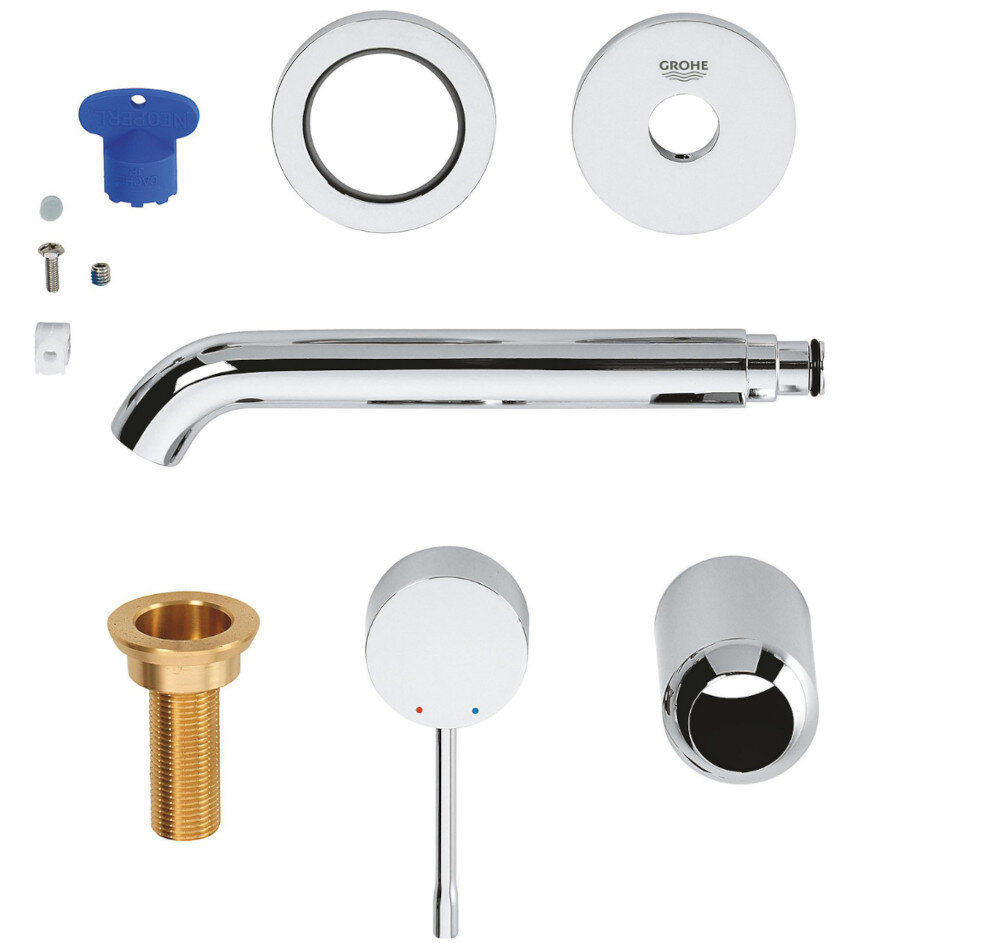 BATERIA WANNOWA PODTYNKOWA GROHE ESSENCE Fotografia pokazuje wszystkie elementy zestawu baterii: wylewkę, uchwyt, rozety oraz drobne części montażowe. Komponenty wykończone są w wysokim połysku, charakterystycznym dla marki Grohe wylewka dźwignia zestaw mocujący rozety instrukcja montażu