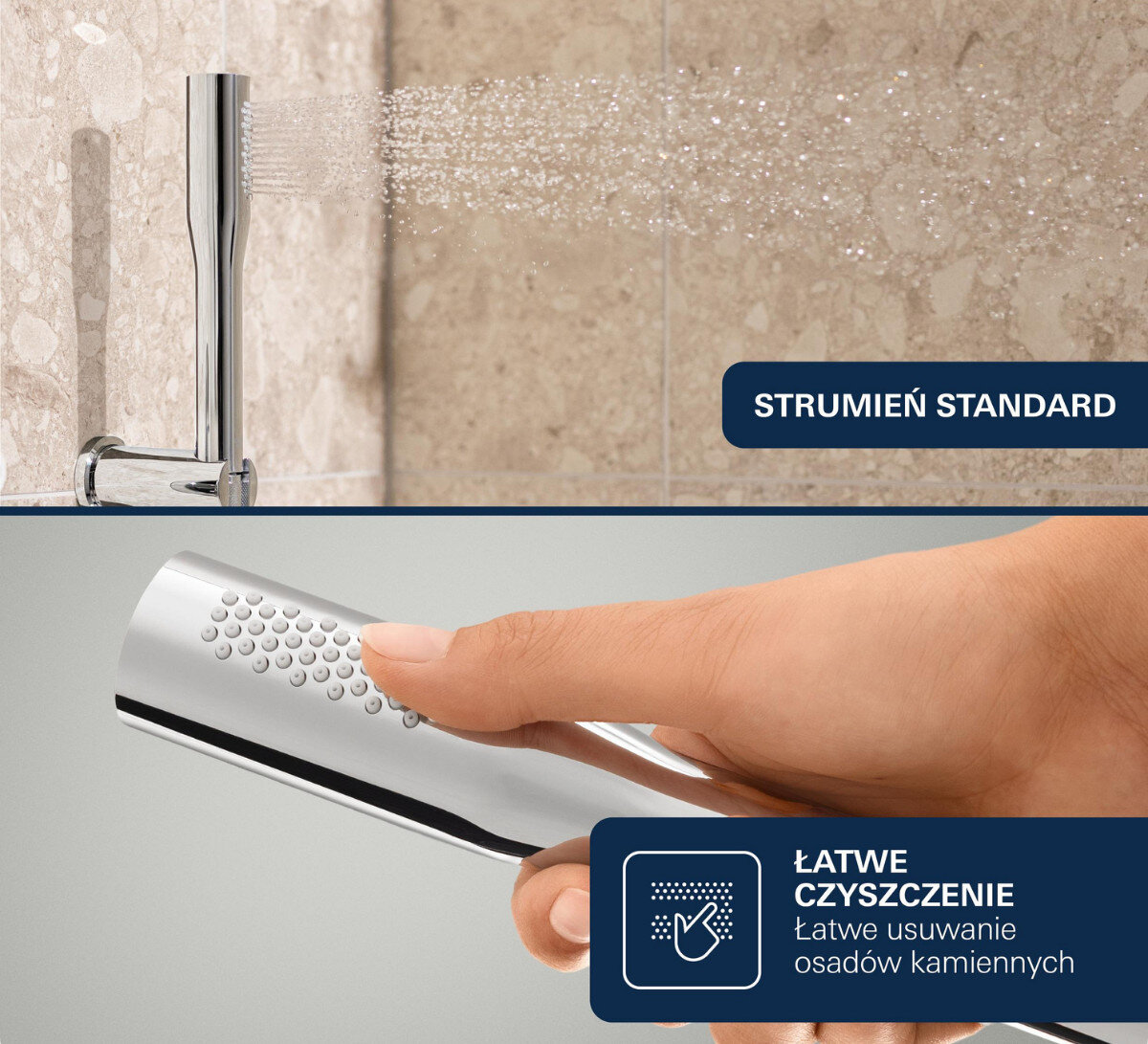 Obraz przedstawia chromowaną baterię wannową z widocznym strumieniem wody na tle kamiennej ściany. Na dole widoczna jest ręka trzymająca element baterii z tekstem \'ŁATWE CZYSZCZENIE Łatwe usuwanie osadów kamiennych\'.