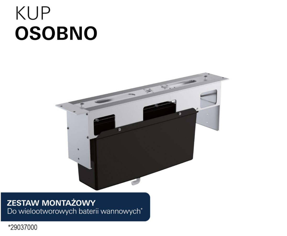 Na obrazie widoczny jest zestaw montażowy do wielootworowych baterii wannowych w kolorze srebrnym i czarnym. Tekst na obrazie: \'KUP OSOBNO\', \'ZESTAW MONTAŻOWY Do wielootworowych baterii wannowych *29037000\'.
