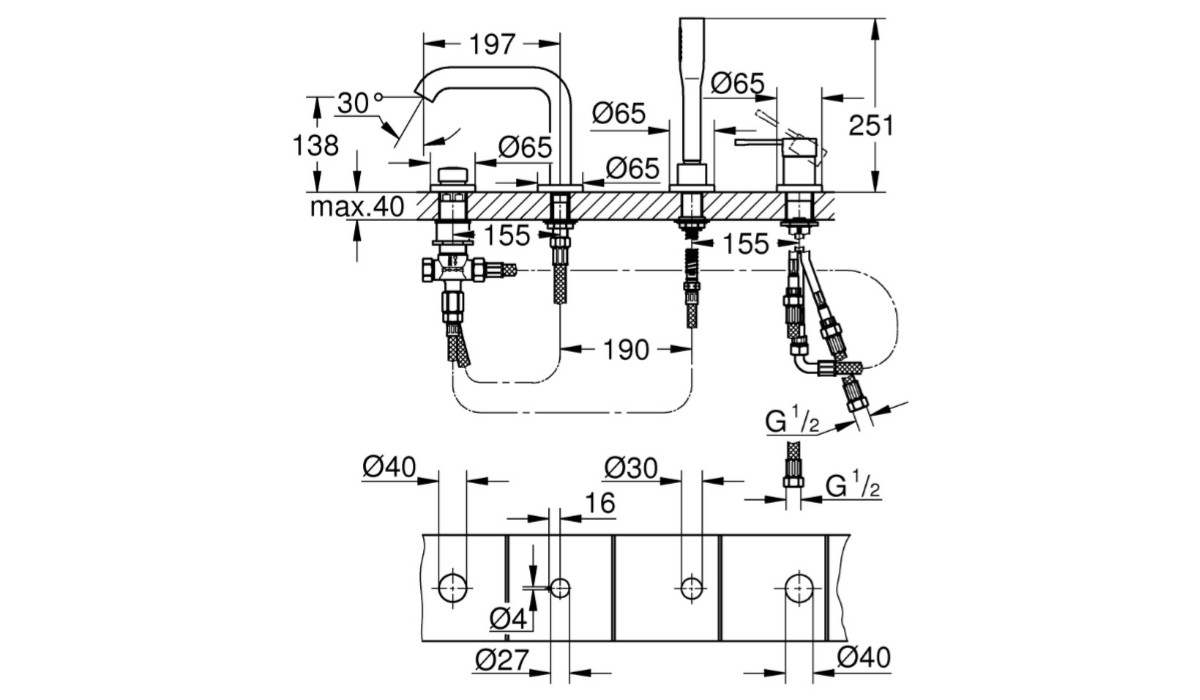 BATERIA WANNOWA 4-OTWOROWA GROHE ESSENCE 19578001 CHROM Obraz przedstawia szczegółowy schemat techniczny wielootworowej baterii wannowej, zawierający wymiary poszczególnych elementów, rozstaw otworów montażowych oraz oznaczenia średnic (m.in. Ø65, Ø40, Ø30). W dolnej części widoczny jest układ wymaganych otworów montażowych wraz z dokładnymi odległościami i średnicami przyłączy G 1/2 zdjęcie techniczne wymiary dodatkowe informacje