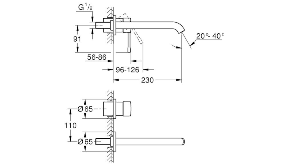 BATERIA WANNOWA PODTYNKOWA GROHE ESSENCE Rysunek techniczny prezentuje dokładne wymiary oraz głębokość montażową baterii ściennej. Zawiera oznaczenia kątów nachylenia wylewki oraz rozstaw elementów instalacyjnych bateria naścienna metalowa rozeta metalowa dźwignia perlator 5,7 l/min wysięg wylewki 183 mm rozstaw 110 mm ciśnienie 1 bar