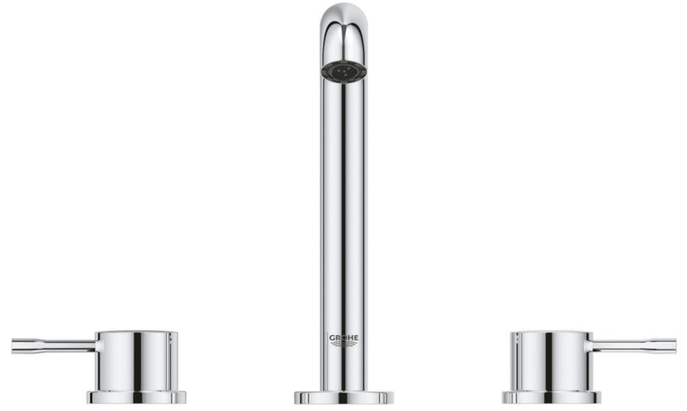 Chromowana bateria umywalkowa z trzema elementami: wysoką wylewką i dwoma pokrętłami. Na wylewce widoczne jest logo \'GROHE\'.