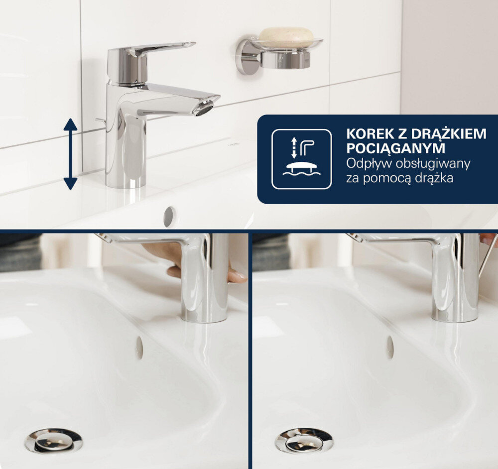 Na obrazie widoczna jest chromowana bateria umywalkowa GROHE Essence zamontowana na białej umywalce. Obok znajduje się grafika z tekstem: \'KOREK Z DRĄŻKIEM POCIĄGANYM Odpływ obsługiwany za pomocą drążka\'.