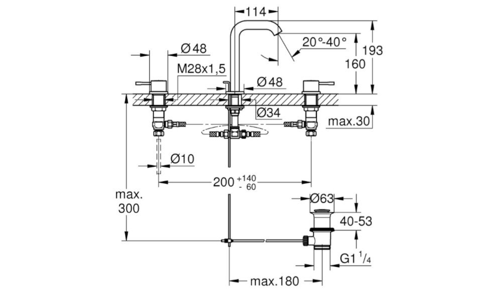 Schemat techniczny baterii umywalkowej z wymiarami i oznaczeniami średnic oraz gwintów. Widoczne są wartości takie jak Ø48, M28x1,5, Ø34, max. 300, 200+140/60, Ø63, 40-53, G1/4.