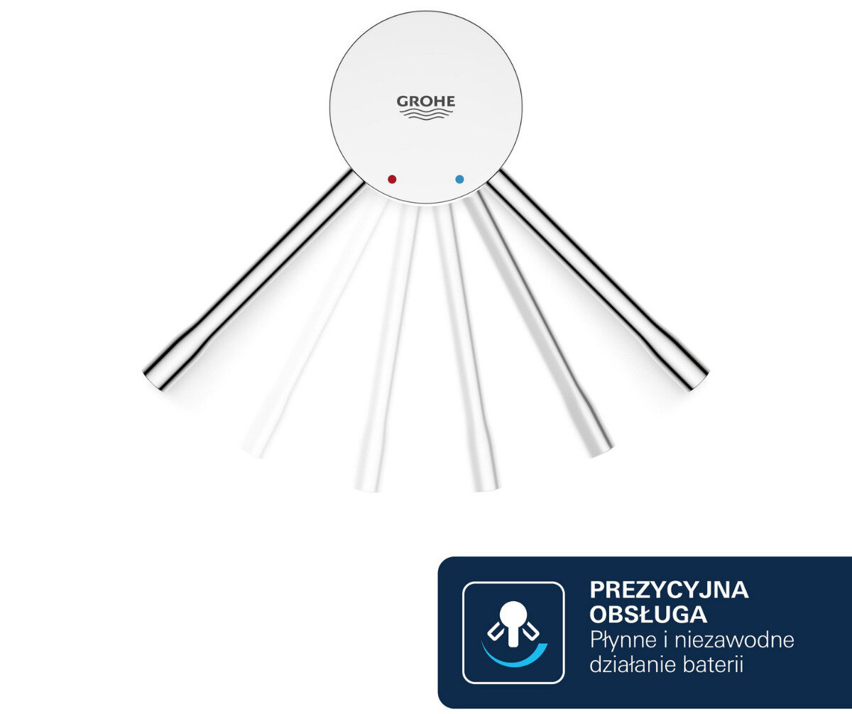 BATERIA UMYWALKOWA GROHE ESSENCE ROZMIAR M 23462001 CHROM Na zdjęciu pokazano okrągłą głowicę baterii z ruchomą dźwignią, której różne pozycje zostały przedstawione jako rozchodzące się jasne smugi, ilustrujące zakres regulacji. W prawym dolnym rogu umieszczono ikonę i opis podkreślający precyzyjną, płynną i niezawodną obsługę armatury ceramiczna głowica GROHE SilkMove regulacja temperatury ciśnienie wody płynna dźwignia precyzja