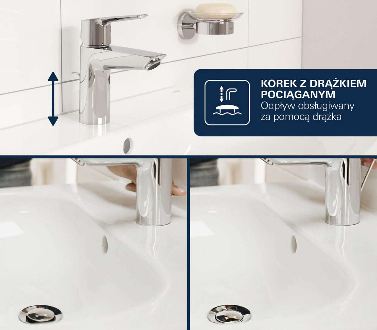 BATERIA UMYWALKOWA GROHE ESSENCE ROZMIAR M 23462001 CHROM Na zdjęciu zaprezentowano baterię umywalkową z mechanizmem korka sterowanego drążkiem, który unosi się lub opuszcza, pozwalając otworzyć lub zamknąć odpływ. W dolnej części widoczne są dwa ujęcia pokazujące efekt działania drążka – raz z podniesionym korkiem, a raz z zamkniętym zestaw odpływowy drążek sterujący łatwe otwieranie odpływu wygodne użytkowanie umywalki