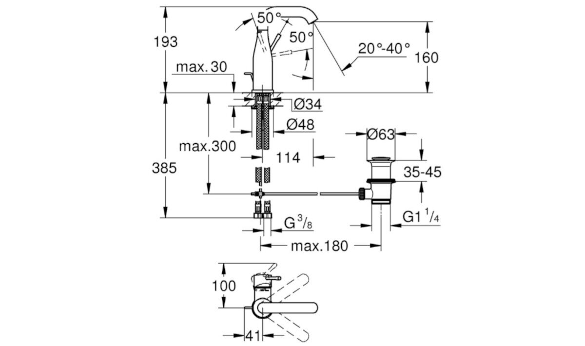 BATERIA UMYWALKOWA GROHE ESSENCE ROZMIAR M 23462001 CHROM Chromowana bateria z kolekcji GROHE Essence rysunek techniczny bateria umywalkowa wymiary 193 mm 160 mm Ø48 Ø34 montaż jednootworowy G3/8 obrót 50° zakres 20°–40°