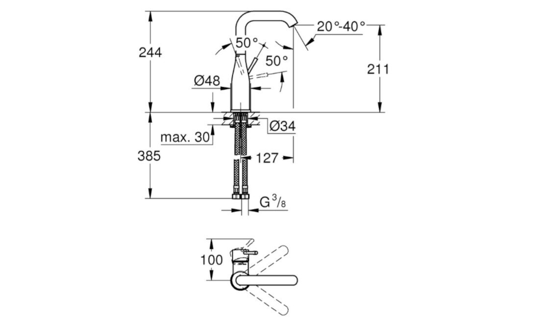 BATERIA UMYWALKOWA GROHE ESSENCE ROZMIAR L 23541001 CHROM Chromowana bateria z kolekcji GROHE Essence rysunek techniczny bateria umywalkowa wymiary 193 mm 160 mm Ø48 Ø34 montaż jednootworowy G3/8 obrót 50° zakres 20°–40°