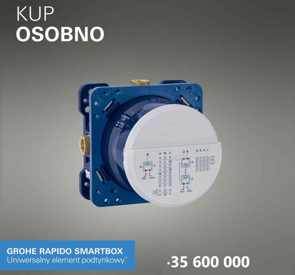 BATERIA WANNOWA PODTYNKOWA GROHE ESSENCE Fotografia przedstawia dwa elementy systemu podtynkowego: moduł z tworzywa sztucznego oraz mosiężny korpus z elementem sterującym. Oba komponenty stanowią część instalacji odpowiadającej za funkcjonowanie baterii prysznicowej mosiądz odporny na korozję trwała konstrukcja precyzyjne działanie element podtynkowy GROHE