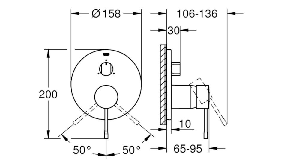 BATERIA WANNOWA PODTYNKOWA GROHE ESSENCE Na rysunku technicznym pokazano wymiary i sposób montażu elementów baterii podtynkowej. Widoczne są kąty obrotu uchwytu oraz głębokość instalacji w ścianie metalowa rozeta regulacja 6° metalowa dźwignia automatyczny przełącznik wanna prysznic przepływ 27 l/min
