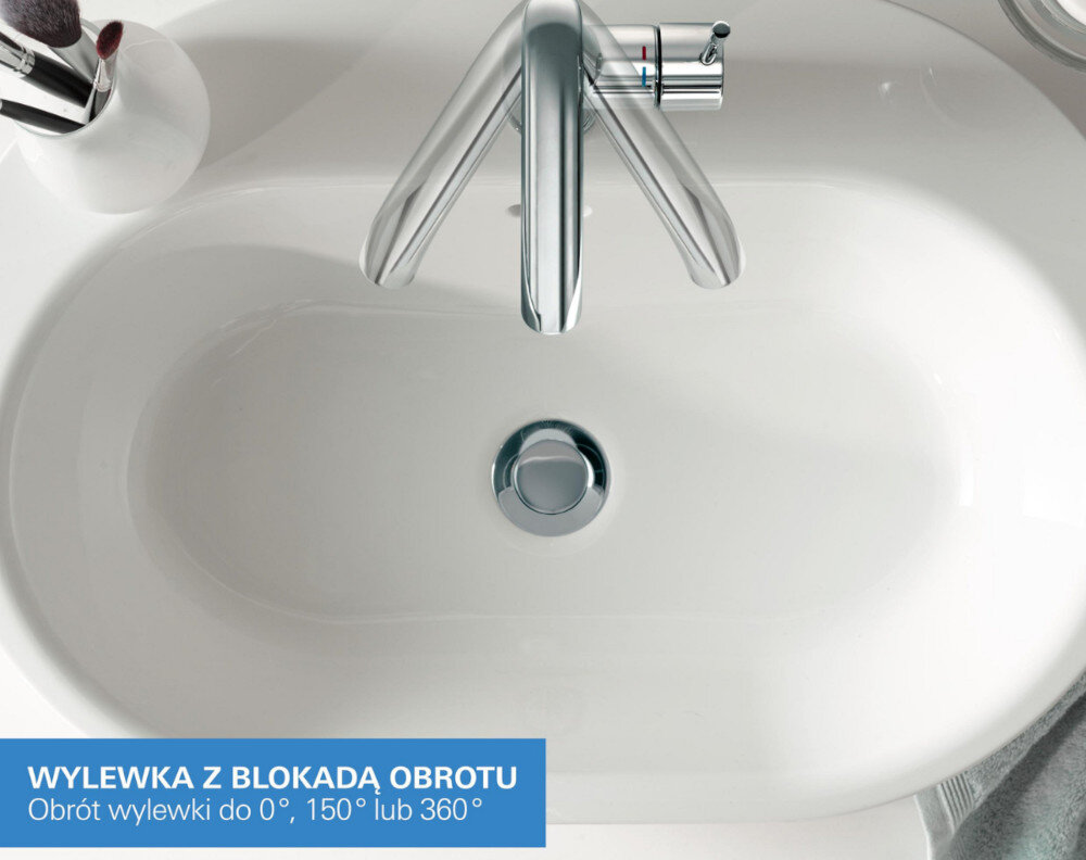 BATERIA UMYWALKOWA GROHE ESSENCE ROZMIAR XL 32901001 CHROM Zdjęcie przedstawia widok z góry na umywalkę z zamontowaną chromowaną baterią, której wylewka posiada możliwość obrotu w różnych zakresach. Grafika z napisem „WYLEWKA Z BLOKADĄ OBROTU – Obrót wylewki do 0°, 150° lub 360°” podkreśla elastyczność użytkowania i kontrolę zakresu ruchu blokada obrotu wylewki regulacja 0 150 360 stopni dopasowanie zasięgu strumienia ochrona ścian i lustra funkcjonalność montażu