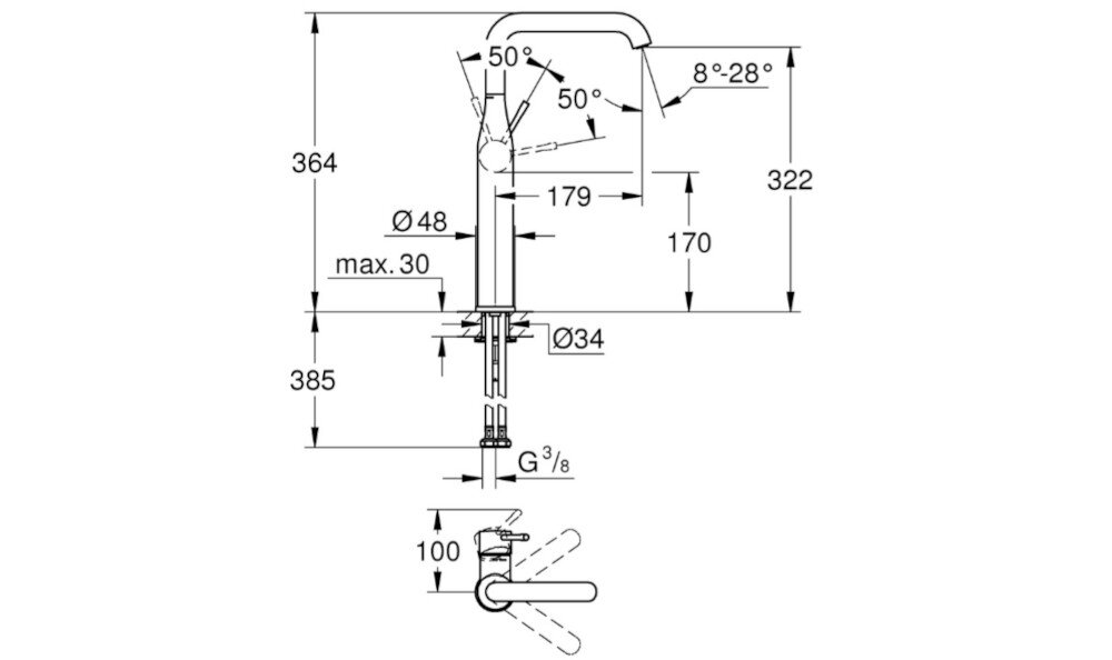 BATERIA UMYWALKOWA GROHE BAUEDGE ROZMIAR M 23758000 CHROM Grafika przedstawia szczegółowy rysunek techniczny baterii umywalkowej z zaznaczonymi wymiarami montażowymi, wysokościami, średnicami przyłączy oraz kątami pracy uchwytu. Schemat ułatwia prawidłowy montaż produktu i planowanie instalacji hydraulicznej montaż jednootworowy metalowa dźwignia głowica ceramiczna 28 mm zasięg wylewki 107 mm przepływ 5 l/min
