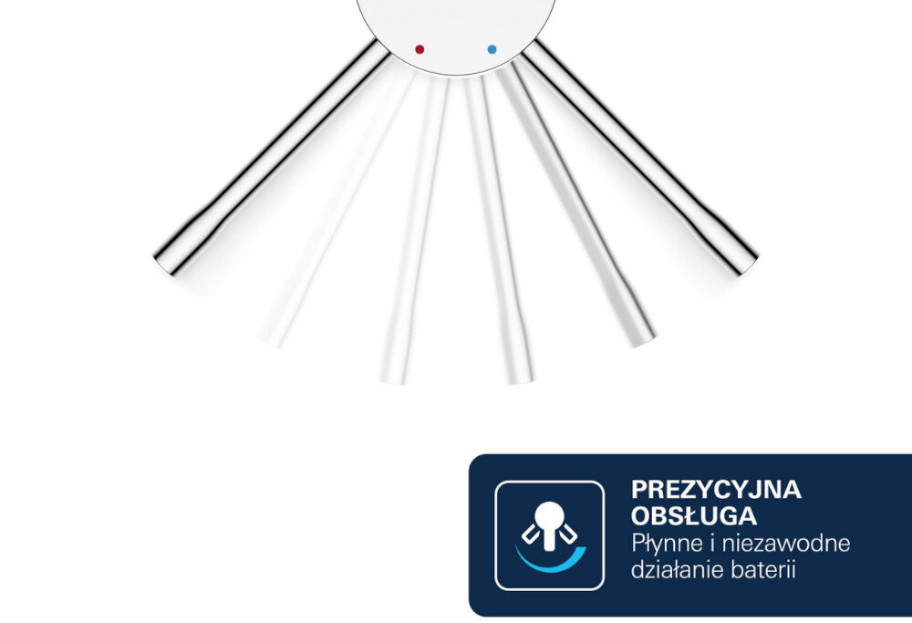 Bateria bidetowa GROHE Essence 32935001 S Chrom Grafika przedstawia schemat działania baterii z zaznaczonymi strumieniami wody oraz oznaczeniami ciepłej i zimnej wody. Obok widnieje piktogram i napis „Precyzyjna obsługa – Płynne i niezawodne działanie baterii”, podkreślające funkcjonalność produktu ceramiczna głowica SilkMove poręczna dźwignia cylindryczna wylewka