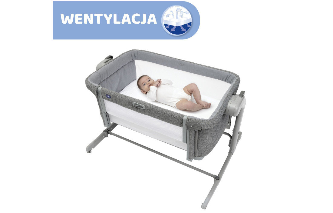 Łóżeczko dostawne CHICCO Co-sleeping Next2me Magic Evo Grey Mist Materacyk z siatki 3D czyszczenie komfort sen przepływ powietrza
