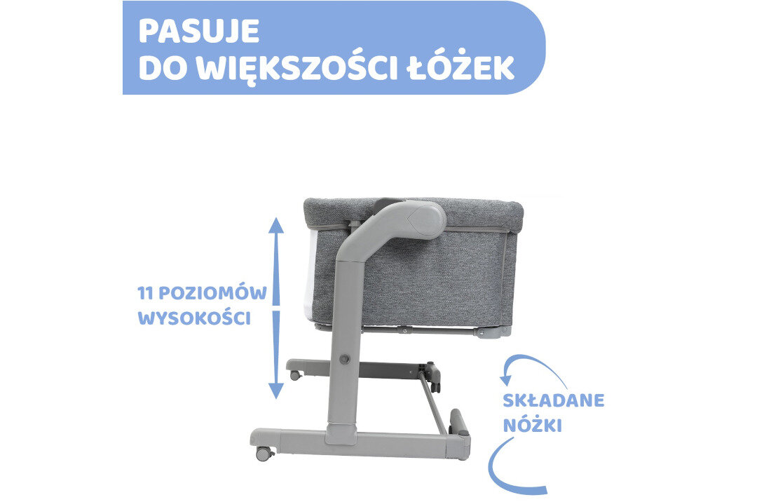 Łóżeczko dostawne CHICCO Co-sleeping Next2me Magic Evo Grey Mist składane nóżki 11-stopniowa regulacja wysokości dopasowanie 4 obrotowe kółka hamulce mobilność wygoda