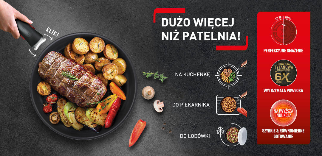 Patelnia TEFAL Ingenio Eco Resist z mięsem, ziemniakami i warzywami. Obok odpinany uchwyt w dłoni i pojedyncze składniki. Funkcje patelni na apli.