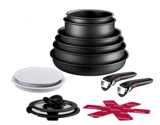 Na obrazie widoczny jest zestaw czarnych patelni o różnych rozmiarach, dwie rączki, pokrywka oraz kilka czerwonych elementów z logo Tefal. Obok znajduje się biały okrągły element.