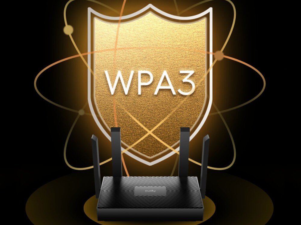 Router CUDY WR1500 AX1500 Router z czterema antenami ustawiony przed złotą tarczą z napisem WPA3 oraz graficznymi liniami symbolizującymi sieć, szyfrowanie WPA3