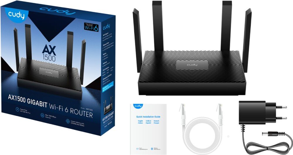 Router CUDY WR1500 AX1500 Zestaw składający się z routera, zasilacza, kabla Ethernet, instrukcji oraz pudełka