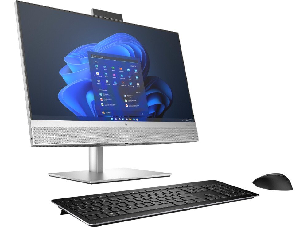 Komputer HP EliteOne 840 G9 Komputer typu All-in-One z systemem Windows, ustawiony na biurku, z widoczną klawiaturą i myszką, łączność, Wi-Fi 6, Bluetooth, karta sieciowa