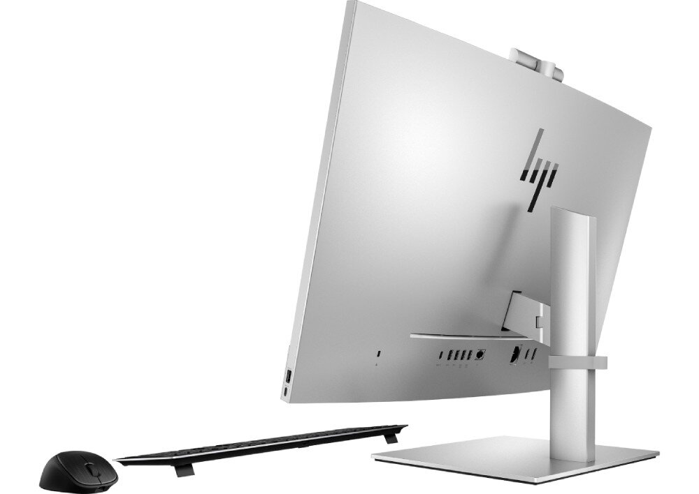 Komputer HP EliteOne 870 G9 Tylny widok komputera typu all-in-one z widocznymi portami i podłączonymi kablami, obok mysz i klawiatura, porty, złącza, czytnik kart pamięci