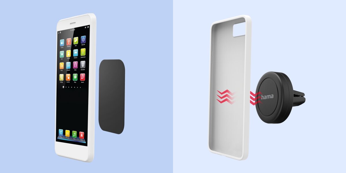 Obraz przedstawia telefon z kolorowymi ikonami aplikacji oraz czarną płytkę magnetyczną obok. Obok znajduje się uchwyt samochodowy z logo \'hama\' oraz etui na telefon z zaznaczonym miejscem na płytkę magnetyczną.