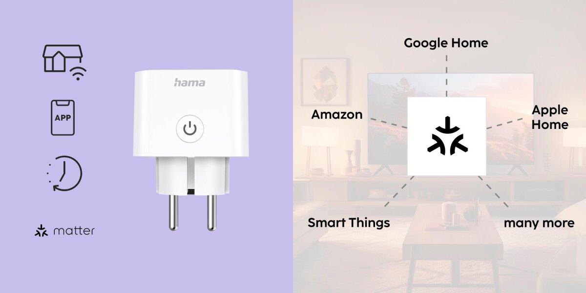 Gniazdko HAMA 176638 Wi-Fi gniazdko na kolorowym tle z nazwami smart systemu uniwersalny standard kompatybilne ze standardem Matter systemy Smart Home Apple Home, Samsung Smart Things i Amazon Alexa zarządzanie wszystkimi urządzeniami w jednym ekosystemie sterowanie za pomocą aplikacji Hama Smart Home