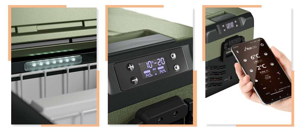 Lodówka YOLCO KX30 Zielono-czarny Wewnętrzne oświetlenie Panel sterowania czytelny ekran LED nadajnik Bluetooth 5.0 aplikacja Android iOS