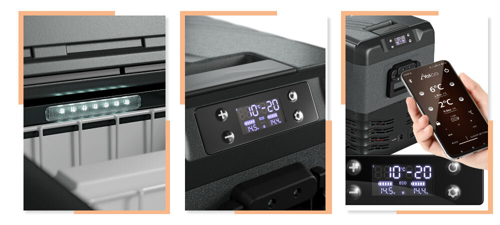Lodówka YOLCO KX40 Szaro-czarny Wewnętrzne oświetlenie Panel sterowania czytelny ekran LED nadajnik Bluetooth 5.0 aplikacja Android iOS