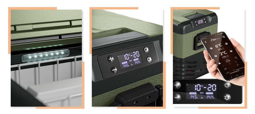 Lodówka YOLCO KX40 Zielono-czarny Wewnętrzne oświetlenie Panel sterowania czytelny ekran LED nadajnik Bluetooth 5.0 aplikacja Android iOS