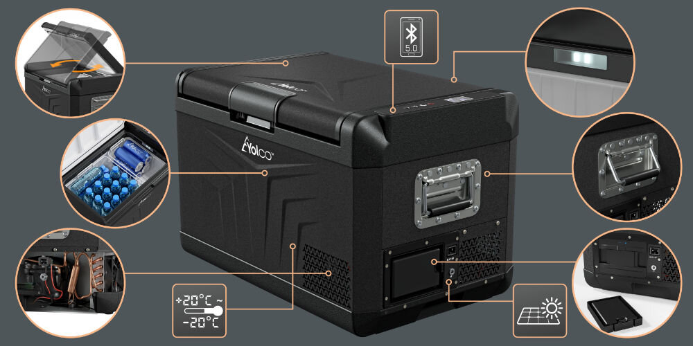 Lodówka YOLCO GCX37 Czarny panel sterowania sterowanie temperaturą regulacja potrzeby przechowywanie przyciski gniazdo zasilania uchwyty przenoszenie wewnętrzne kosze 