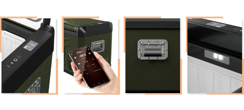 Lodówka YOLCO GCX47 Zielony Panel kontrolny czytelny wyświetlacz LED łatwa obsługa nadajnik Bluetooth 5.0 aplikacja systemy Android/iOS wewnętrzne oświetlenie