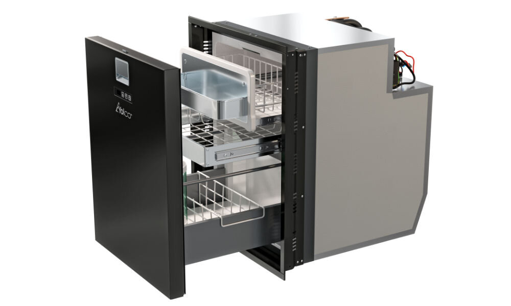 Lodówka kompresorowa YOLCO QL90 czarny wygoda użytkowanie korzystanie panel sterowania czytelny ekran obsługa funkcja alarmu organizacja wysuwane półki ścianki działowe uchwyt na napoje pojemność