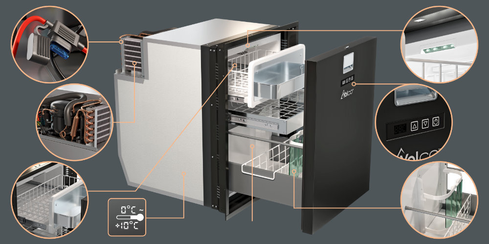 Lodówka kompresorowa YOLCO QL90 czarny Kompresor panel sterowania ustawienia przyciski regulacja temperatury funkcje komfort użytkowanie
