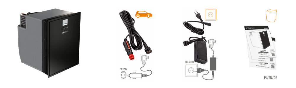 Lodówka kompresorowa YOLCO QL90 czarny zestaw akcesoria komplet wyposażenie