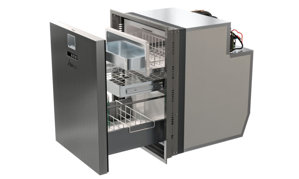 Lodówka kompresorowa YOLCO QL90 Srebrny wygoda użytkowanie korzystanie panel sterowania czytelny ekran obsługa funkcja alarmu organizacja wysuwane półki ścianki działowe uchwyt na napoje pojemność