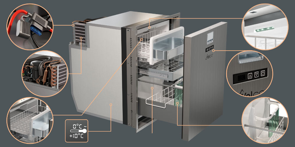 Lodówka kompresorowa YOLCO QL90 Srebrny Kompresor panel sterowania ustawienia przyciski regulacja temperatury funkcje komfort użytkowanie