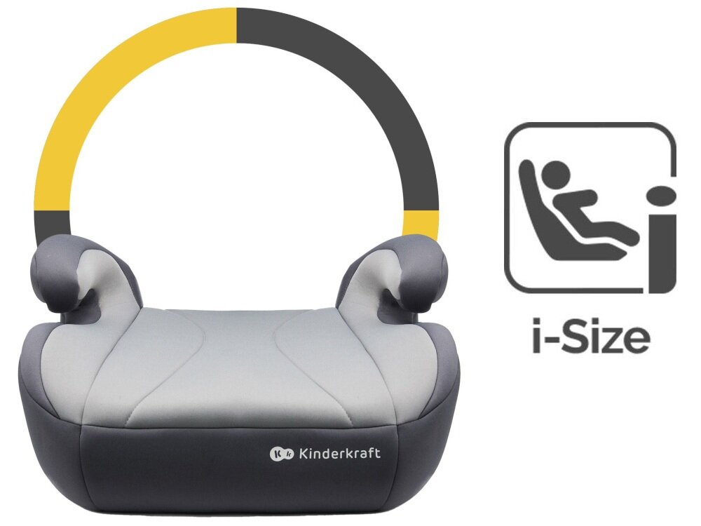 Podstawka samochodowa KINDERKRAFT I-Boost I-Size Szary podstawka na białym tle widoczna od przodu obok znaczek I-Size homologacja ECE R129/02 standard i-Size dobór podstawki na podstawie wzrostu dziecka ułatwia właściwe dopasowanie siedziska do sylwetki wspiera prawidłowe prowadzenie pasów bezpieczeństwa dziecko korzysta z rozwiązania dostosowanego do aktualnego etapu rozwoju większe poczucie bezpieczeństwa