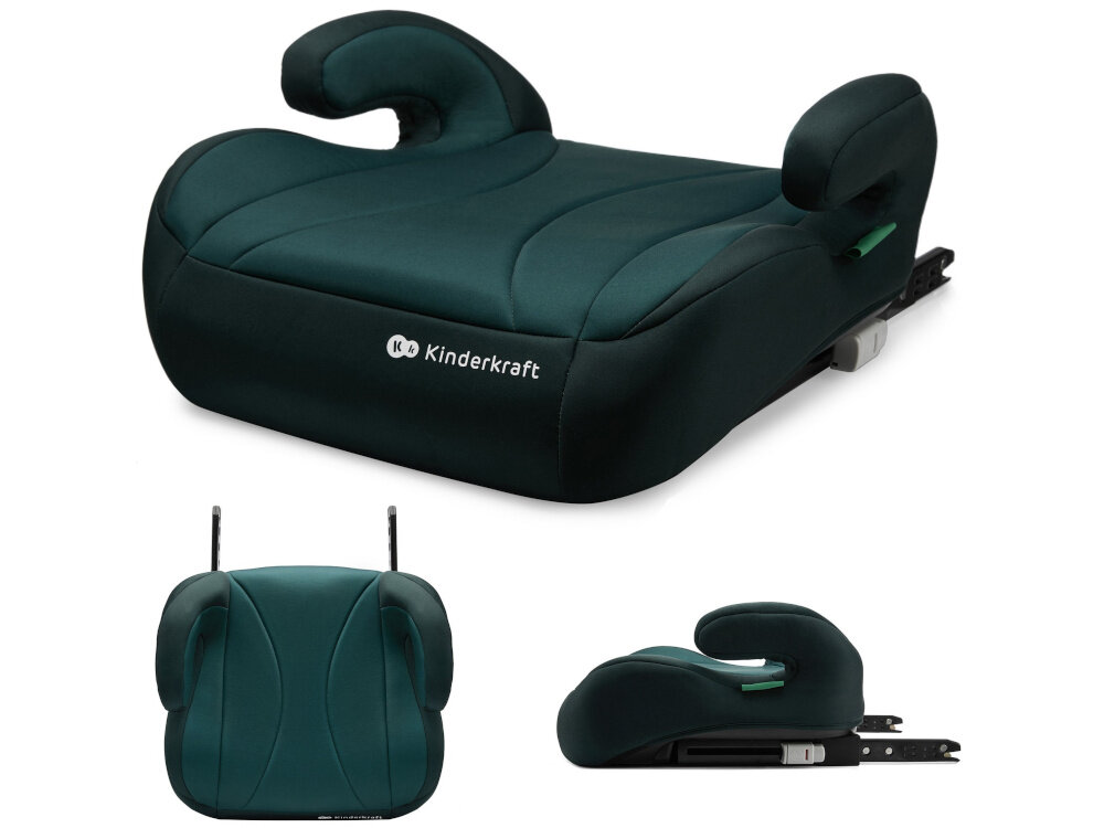 Podstawka samochodowa KINDERKRAFT I-Boost I-Size Zielony podstawka na białym tle w trzech ujęciach od przodu pod skosem z boku i z góry bezpieczeństwo wygoda ochrona