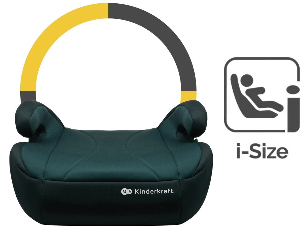Podstawka samochodowa KINDERKRAFT I-Boost I-Size Zielony podstawka na białym tle widoczna od przodu obok znaczek I-Size homologacja ECE R129/02 standard i-Size dobór podstawki na podstawie wzrostu dziecka ułatwia właściwe dopasowanie siedziska do sylwetki wspiera prawidłowe prowadzenie pasów bezpieczeństwa dziecko korzysta z rozwiązania dostosowanego do aktualnego etapu rozwoju większe poczucie bezpieczeństwa