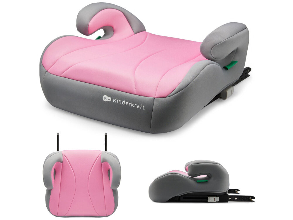 Podstawka samochodowa KINDERKRAFT I-Boost I-Size Różowy podstawka na białym tle w trzech ujęciach od przodu pod skosem z boku i z góry bezpieczeństwo wygoda ochrona