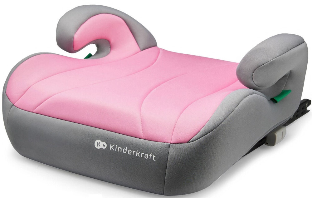 Podstawka samochodowa KINDERKRAFT I-Boost I-Size Różowy podstawka na białym tle widoczna od przodu pod skosem do przewożenia dzieci o wzroście od 135 do 150 cm w przybliżeniu wiekowi do 12 lat do podniesienia pozycji siedzenia dziecka samochodowe pasy bezpieczeństwa przebiegają prawidłowo przez bark i biodra bezpieczne i komfortowe